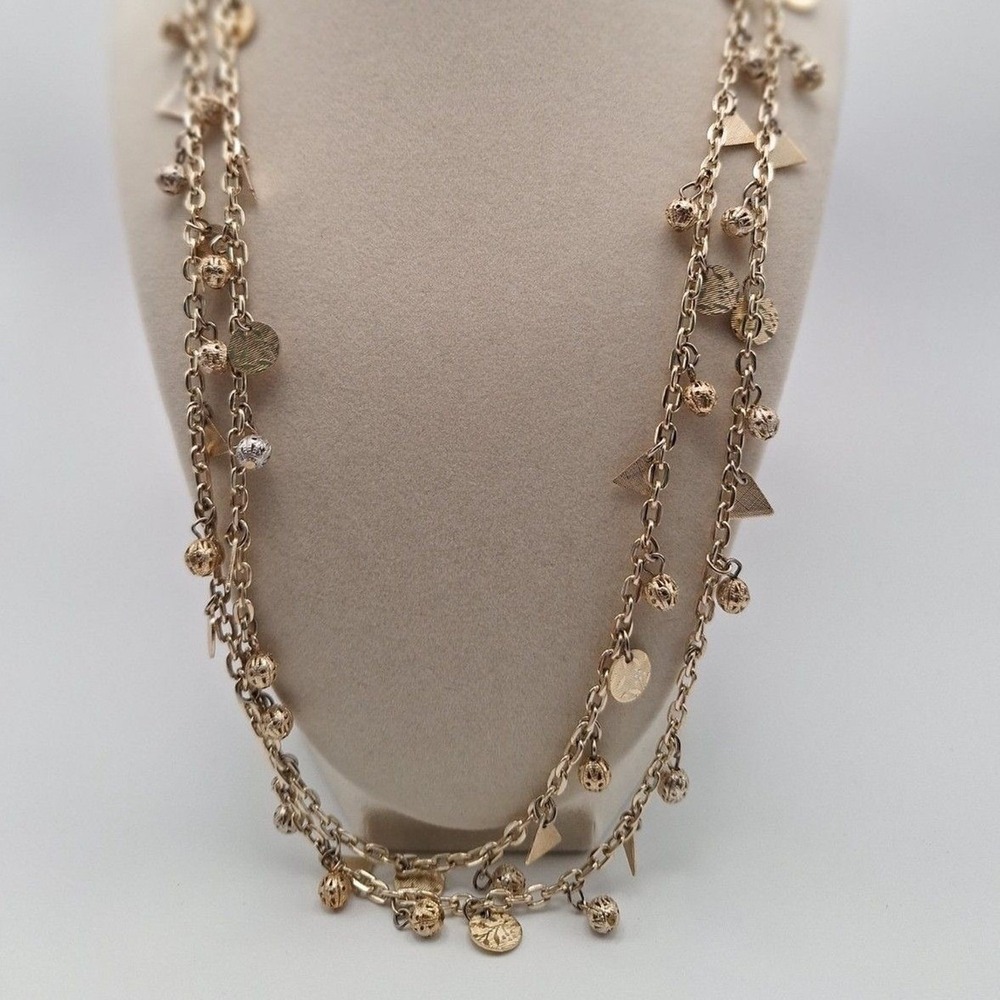 Vintage charm necklace beaded cha cha filigree textured polished gold tone LONG